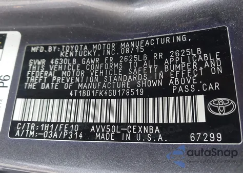 2016 Toyota Camry Hybrid Le z USA, uszkodzony, nr VIN 4T1BD1FK4GU178519